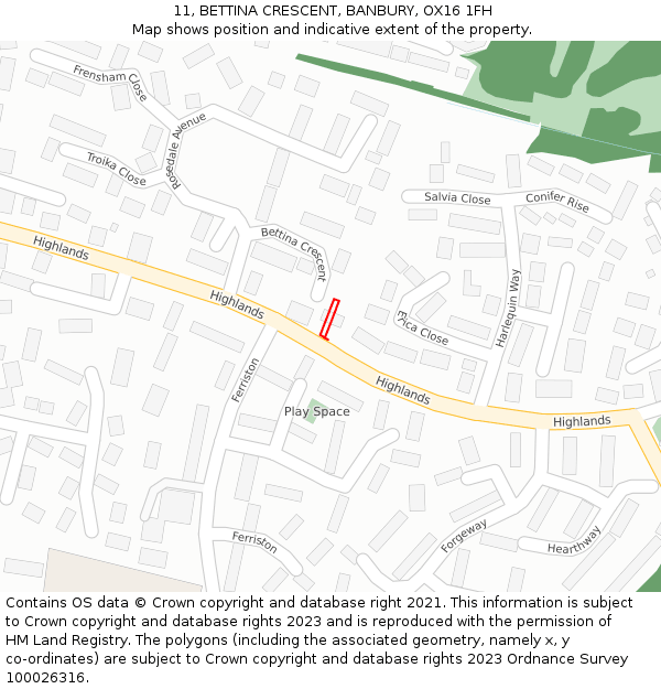 11, BETTINA CRESCENT, BANBURY, OX16 1FH: Location map and indicative extent of plot