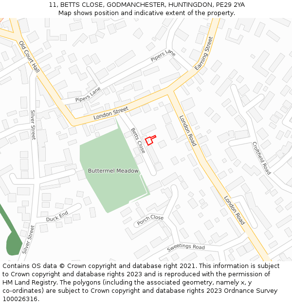 11, BETTS CLOSE, GODMANCHESTER, HUNTINGDON, PE29 2YA: Location map and indicative extent of plot