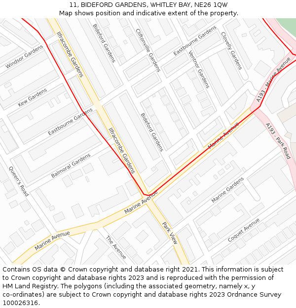 11, BIDEFORD GARDENS, WHITLEY BAY, NE26 1QW: Location map and indicative extent of plot