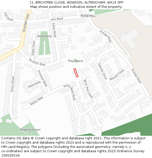 11, BIRCHTREE CLOSE, BOWDON, ALTRINCHAM, WA14 3PP: Location map and indicative extent of plot