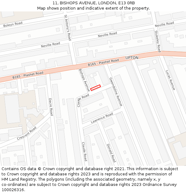 11, BISHOPS AVENUE, LONDON, E13 0RB: Location map and indicative extent of plot