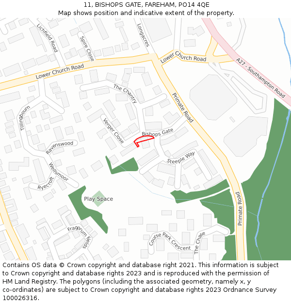 11, BISHOPS GATE, FAREHAM, PO14 4QE: Location map and indicative extent of plot