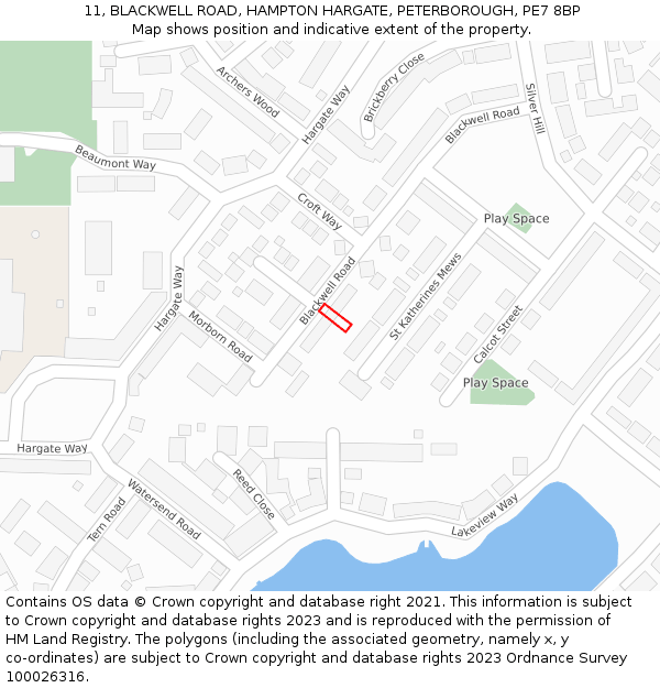 11, BLACKWELL ROAD, HAMPTON HARGATE, PETERBOROUGH, PE7 8BP: Location map and indicative extent of plot