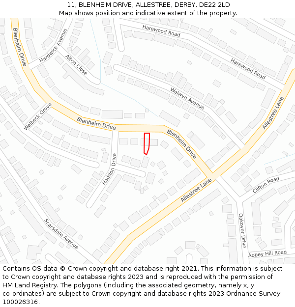 11, BLENHEIM DRIVE, ALLESTREE, DERBY, DE22 2LD: Location map and indicative extent of plot