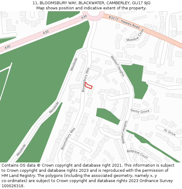 11, BLOOMSBURY WAY, BLACKWATER, CAMBERLEY, GU17 9JG: Location map and indicative extent of plot