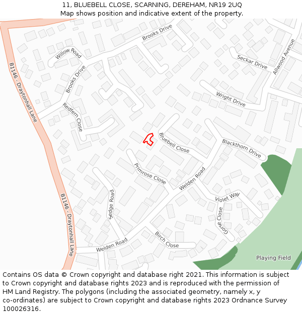 11, BLUEBELL CLOSE, SCARNING, DEREHAM, NR19 2UQ: Location map and indicative extent of plot