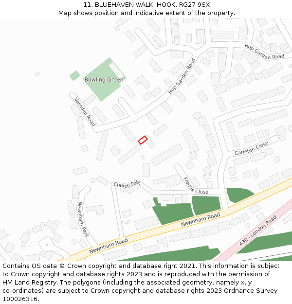 11, BLUEHAVEN WALK, HOOK, RG27 9SX: Location map and indicative extent of plot