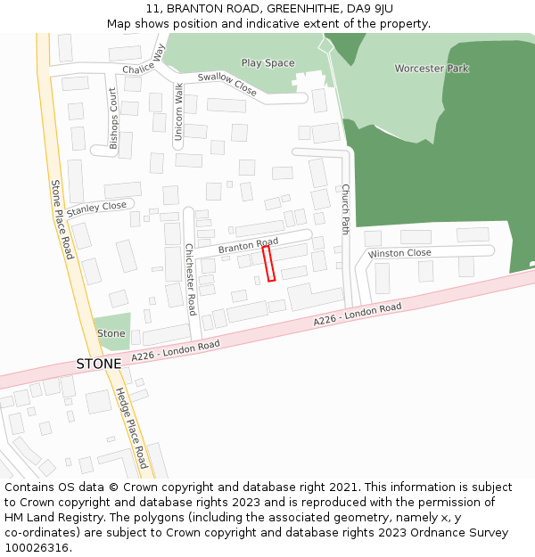 11, BRANTON ROAD, GREENHITHE, DA9 9JU: Location map and indicative extent of plot
