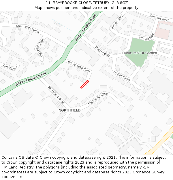 11, BRAYBROOKE CLOSE, TETBURY, GL8 8GZ: Location map and indicative extent of plot