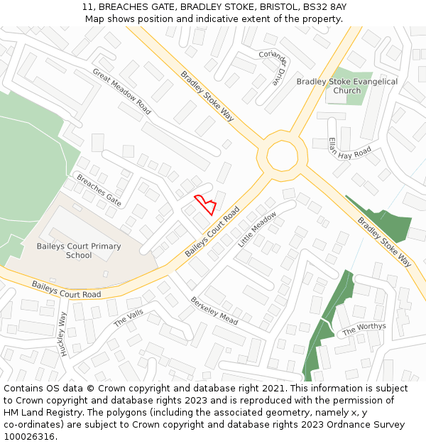 11, BREACHES GATE, BRADLEY STOKE, BRISTOL, BS32 8AY: Location map and indicative extent of plot