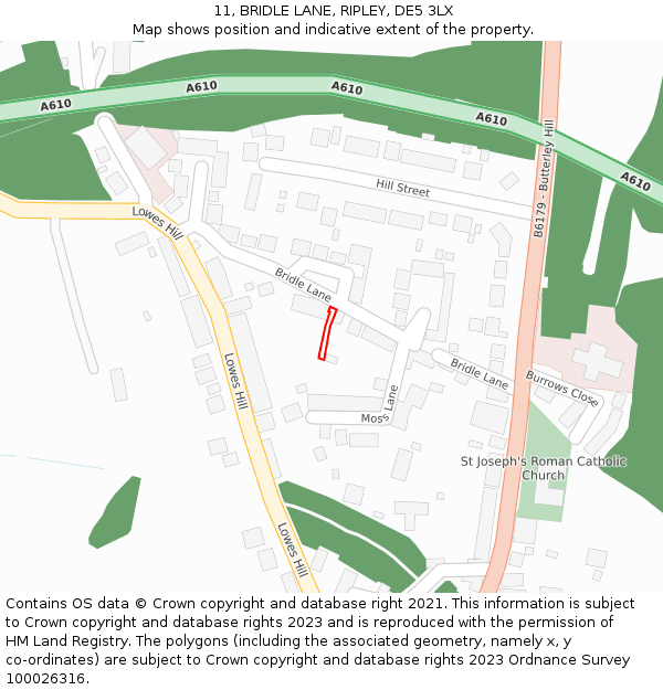 11, BRIDLE LANE, RIPLEY, DE5 3LX: Location map and indicative extent of plot