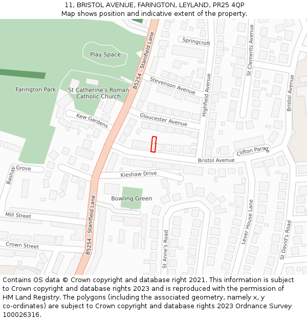 11, BRISTOL AVENUE, FARINGTON, LEYLAND, PR25 4QP: Location map and indicative extent of plot