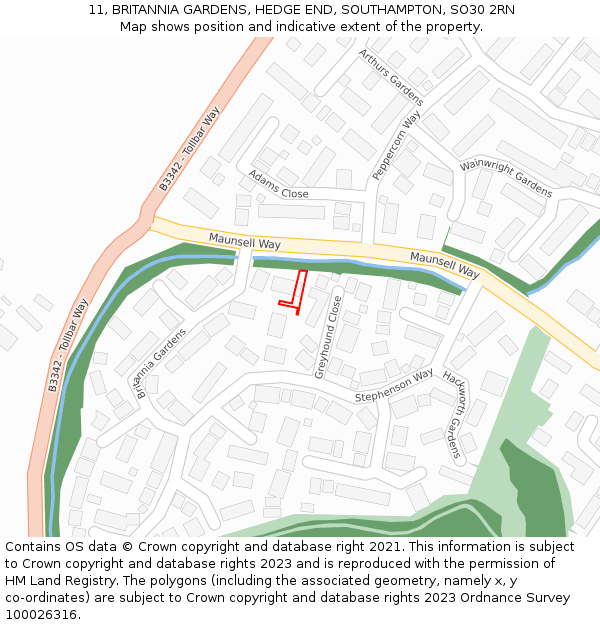 11, BRITANNIA GARDENS, HEDGE END, SOUTHAMPTON, SO30 2RN: Location map and indicative extent of plot