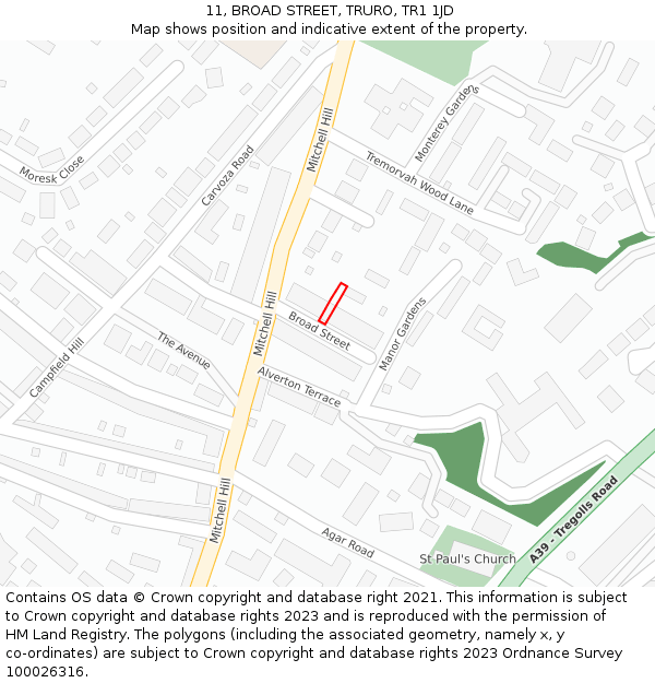 11, BROAD STREET, TRURO, TR1 1JD: Location map and indicative extent of plot