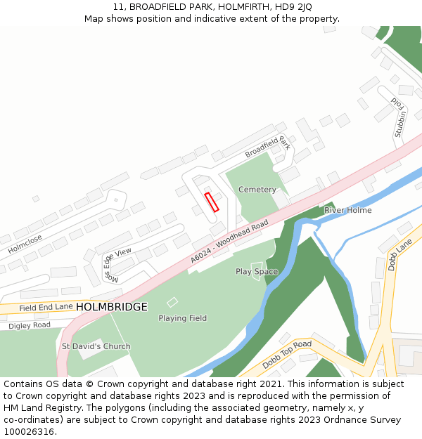11, BROADFIELD PARK, HOLMFIRTH, HD9 2JQ: Location map and indicative extent of plot