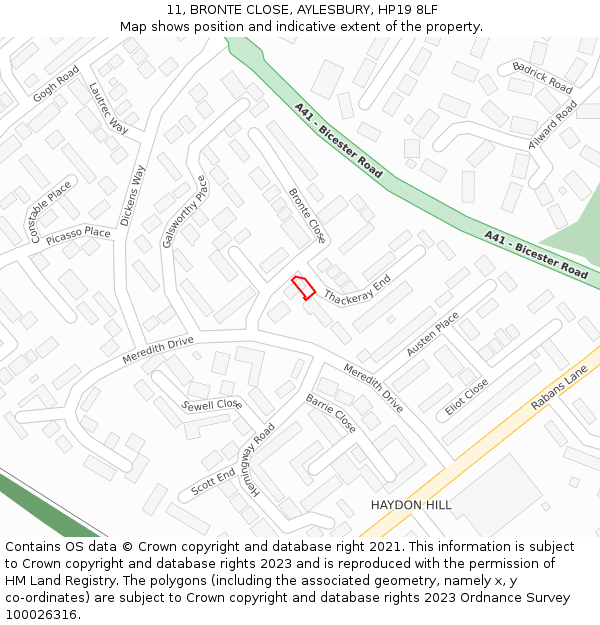 11, BRONTE CLOSE, AYLESBURY, HP19 8LF: Location map and indicative extent of plot