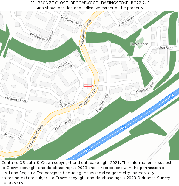 11, BRONZE CLOSE, BEGGARWOOD, BASINGSTOKE, RG22 4UF: Location map and indicative extent of plot