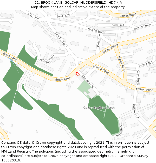 11, BROOK LANE, GOLCAR, HUDDERSFIELD, HD7 4JA: Location map and indicative extent of plot