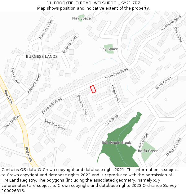 11, BROOKFIELD ROAD, WELSHPOOL, SY21 7PZ: Location map and indicative extent of plot