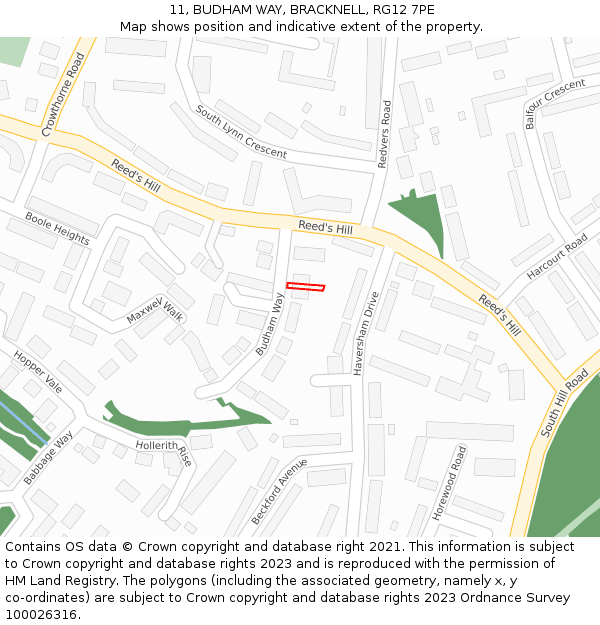 11, BUDHAM WAY, BRACKNELL, RG12 7PE: Location map and indicative extent of plot