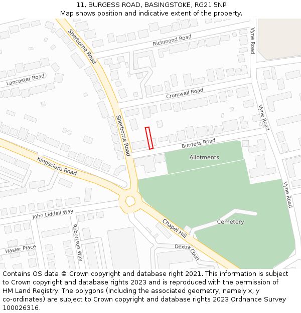 11, BURGESS ROAD, BASINGSTOKE, RG21 5NP: Location map and indicative extent of plot