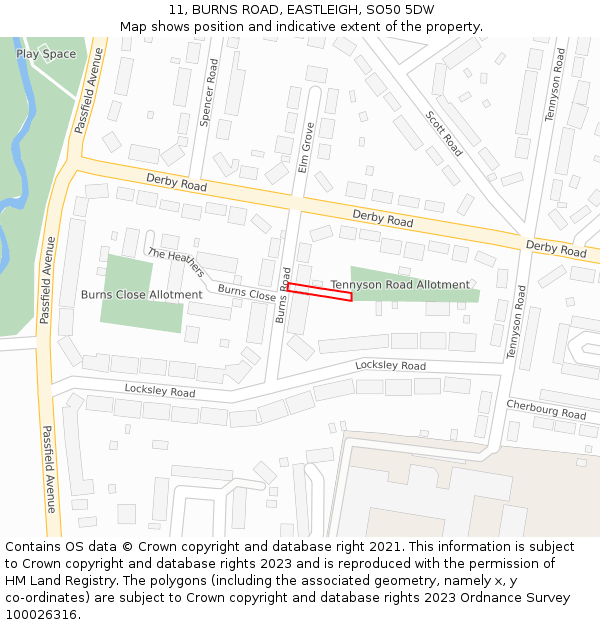 11, BURNS ROAD, EASTLEIGH, SO50 5DW: Location map and indicative extent of plot