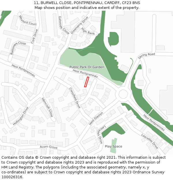 11, BURWELL CLOSE, PONTPRENNAU, CARDIFF, CF23 8NS: Location map and indicative extent of plot
