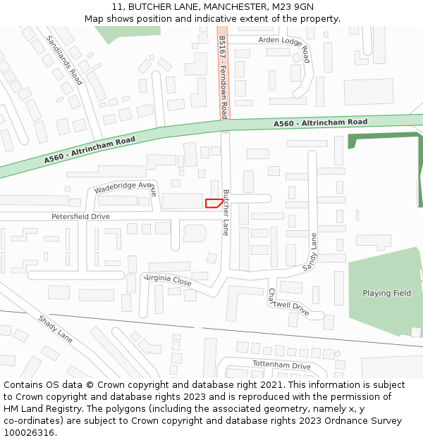 11, BUTCHER LANE, MANCHESTER, M23 9GN: Location map and indicative extent of plot