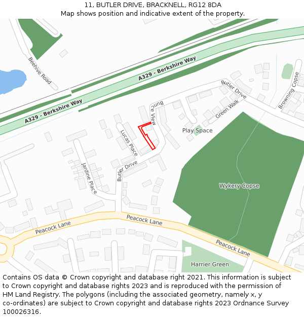 11, BUTLER DRIVE, BRACKNELL, RG12 8DA: Location map and indicative extent of plot
