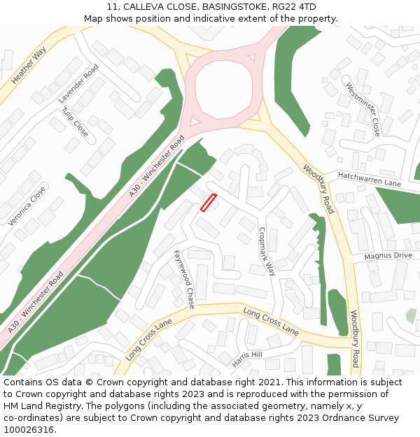 11, CALLEVA CLOSE, BASINGSTOKE, RG22 4TD: Location map and indicative extent of plot