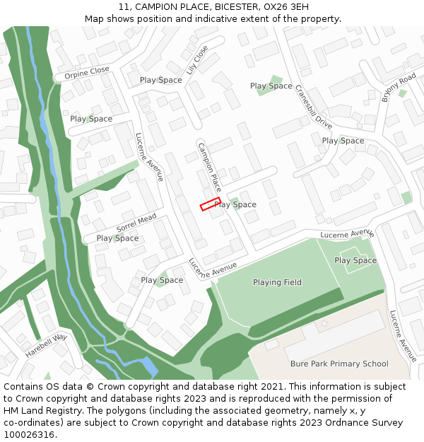 11, CAMPION PLACE, BICESTER, OX26 3EH: Location map and indicative extent of plot