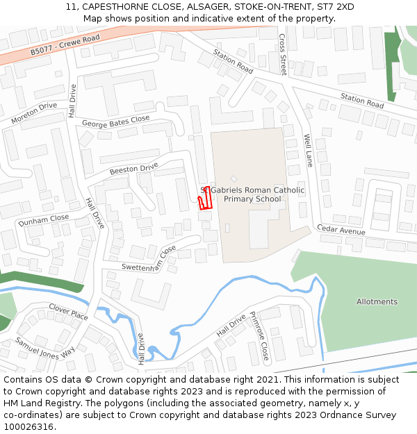 11, CAPESTHORNE CLOSE, ALSAGER, STOKE-ON-TRENT, ST7 2XD: Location map and indicative extent of plot