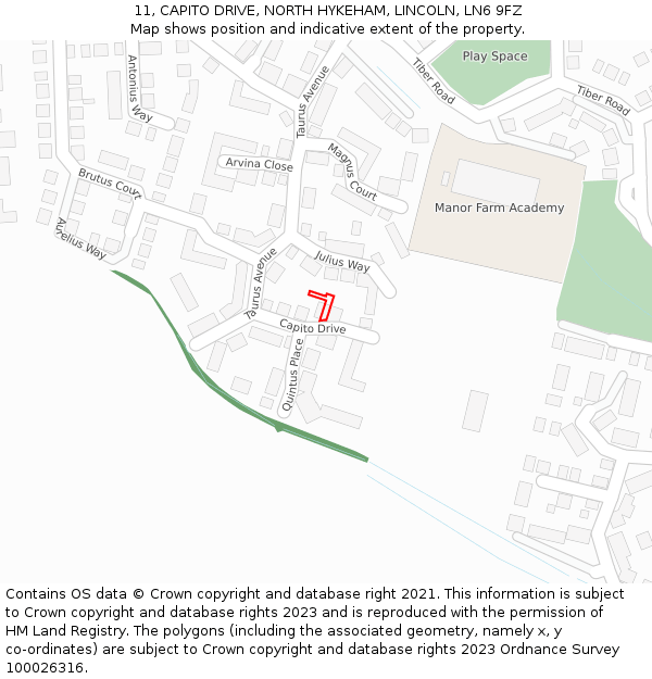 11, CAPITO DRIVE, NORTH HYKEHAM, LINCOLN, LN6 9FZ: Location map and indicative extent of plot