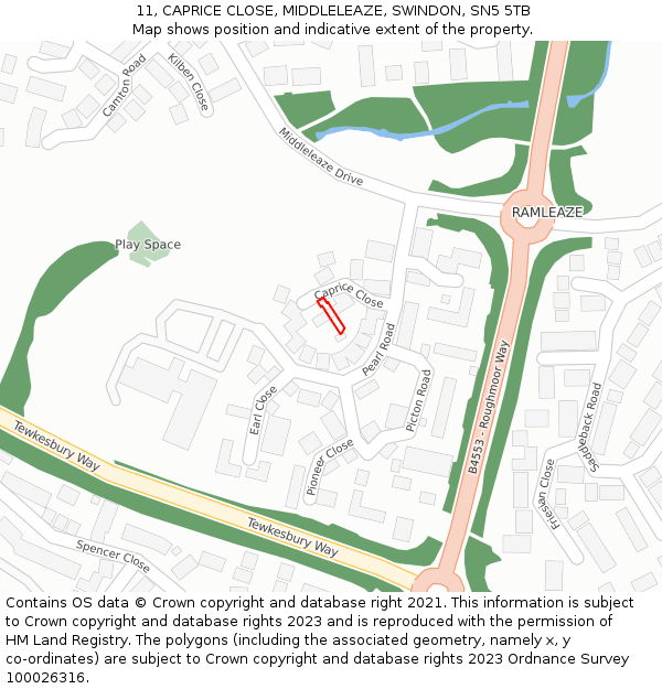 11, CAPRICE CLOSE, MIDDLELEAZE, SWINDON, SN5 5TB: Location map and indicative extent of plot