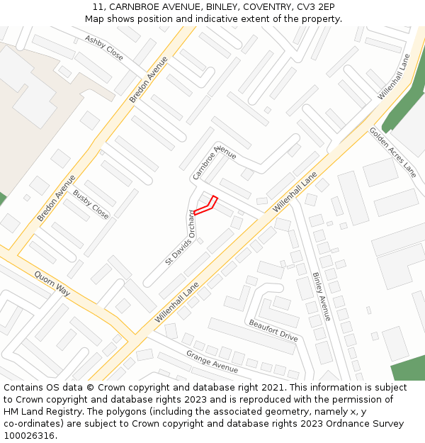 11, CARNBROE AVENUE, BINLEY, COVENTRY, CV3 2EP: Location map and indicative extent of plot