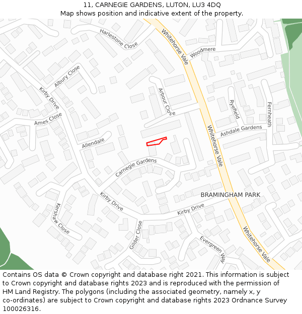 11, CARNEGIE GARDENS, LUTON, LU3 4DQ: Location map and indicative extent of plot