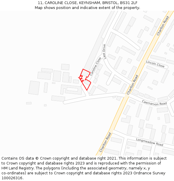 11, CAROLINE CLOSE, KEYNSHAM, BRISTOL, BS31 2LF: Location map and indicative extent of plot