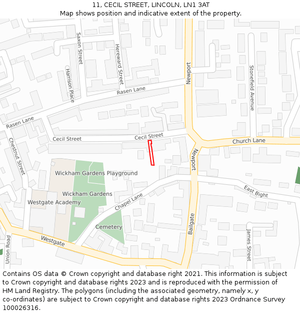 11, CECIL STREET, LINCOLN, LN1 3AT: Location map and indicative extent of plot