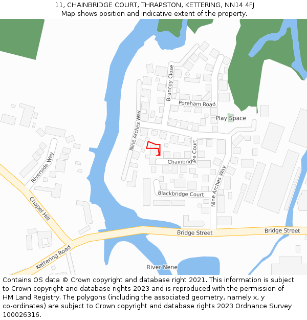 11, CHAINBRIDGE COURT, THRAPSTON, KETTERING, NN14 4FJ: Location map and indicative extent of plot
