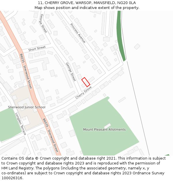 11, CHERRY GROVE, WARSOP, MANSFIELD, NG20 0LA: Location map and indicative extent of plot