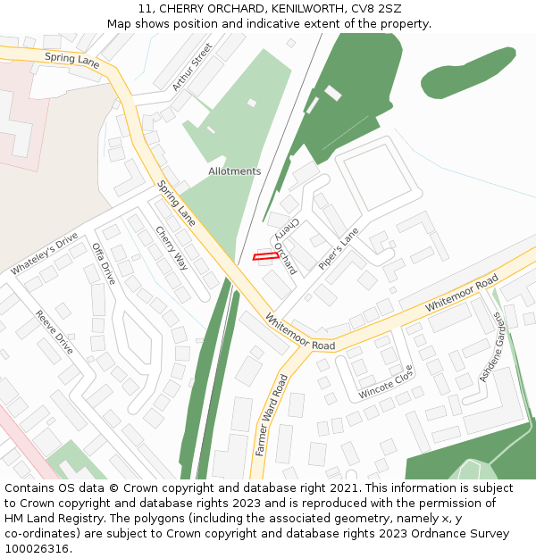 11, CHERRY ORCHARD, KENILWORTH, CV8 2SZ: Location map and indicative extent of plot