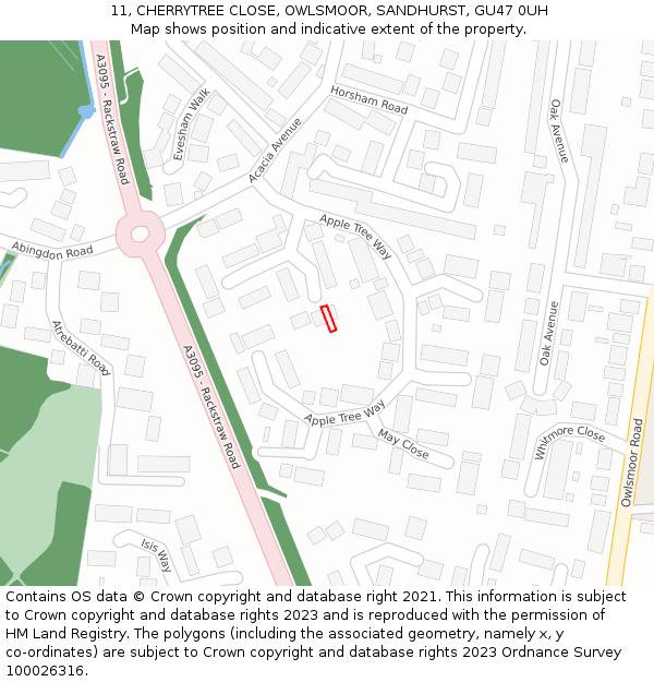 11, CHERRYTREE CLOSE, OWLSMOOR, SANDHURST, GU47 0UH: Location map and indicative extent of plot