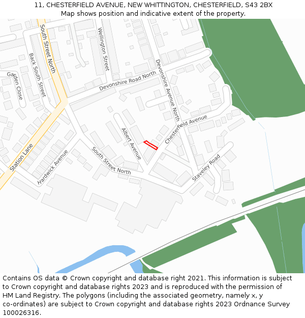 11, CHESTERFIELD AVENUE, NEW WHITTINGTON, CHESTERFIELD, S43 2BX: Location map and indicative extent of plot