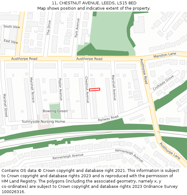 11, CHESTNUT AVENUE, LEEDS, LS15 8ED: Location map and indicative extent of plot