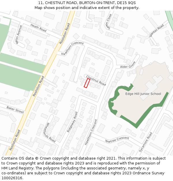 11, CHESTNUT ROAD, BURTON-ON-TRENT, DE15 9QS: Location map and indicative extent of plot