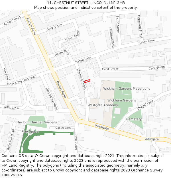 11, CHESTNUT STREET, LINCOLN, LN1 3HB: Location map and indicative extent of plot