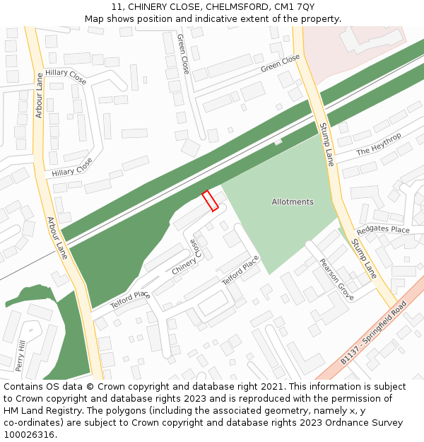 11, CHINERY CLOSE, CHELMSFORD, CM1 7QY: Location map and indicative extent of plot