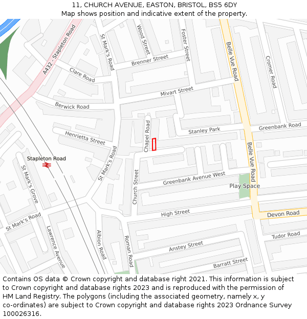 11, CHURCH AVENUE, EASTON, BRISTOL, BS5 6DY: Location map and indicative extent of plot