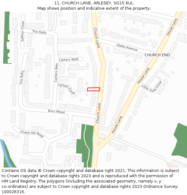 11, CHURCH LANE, ARLESEY, SG15 6UL: Location map and indicative extent of plot