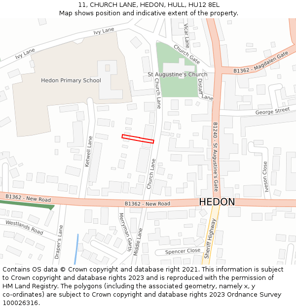 11, CHURCH LANE, HEDON, HULL, HU12 8EL: Location map and indicative extent of plot